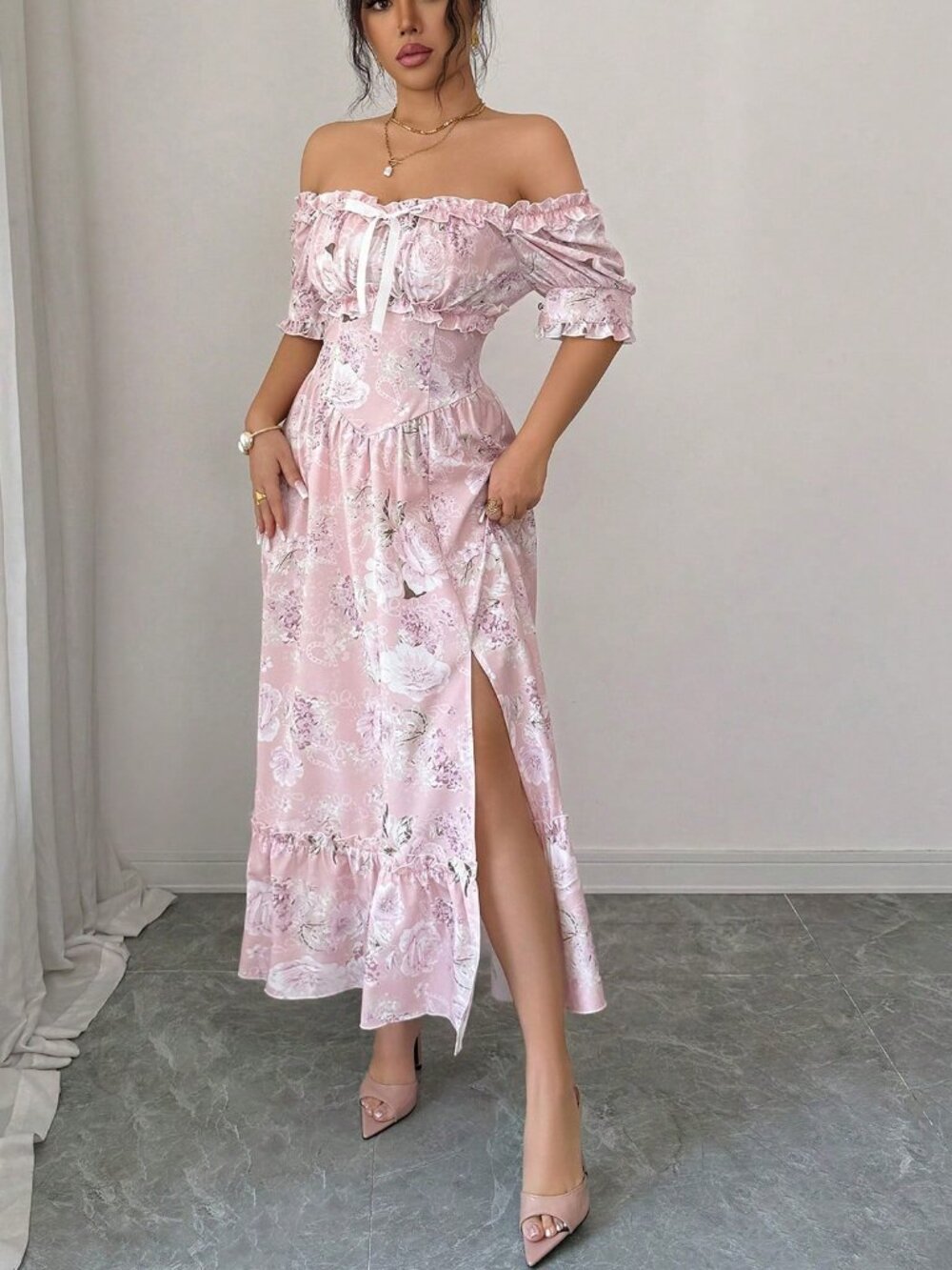 Pink Boho Women's Off-Shoulder Ruffle Bow A-Line Floral Dress - Picture 6 of 10